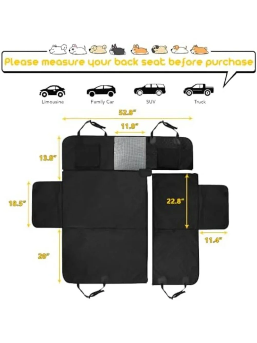 6-in-1 Waterproof Car Seat Cover for Back Seat, Anti-Slip Dog Hammock, Mesh